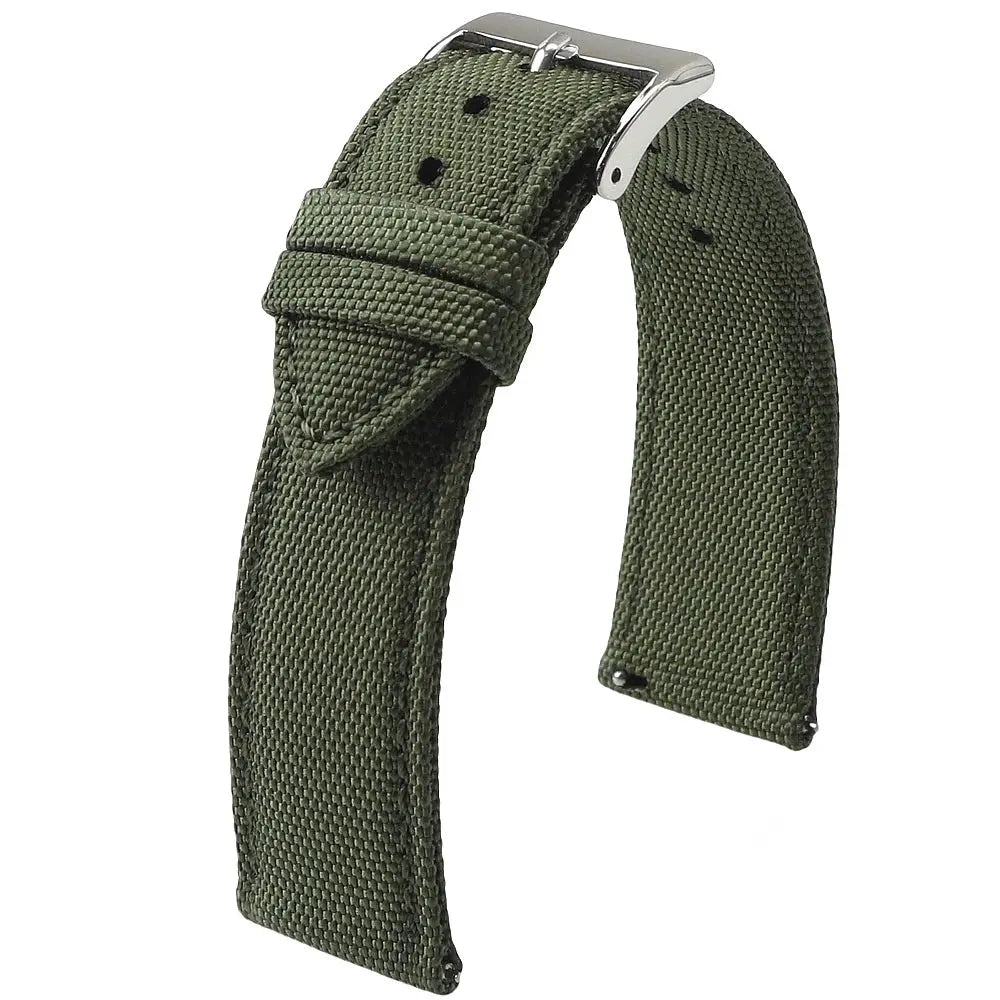 Olive green sailcloth watch strap, two-sided nylon with quick-release, stainless steel buckle