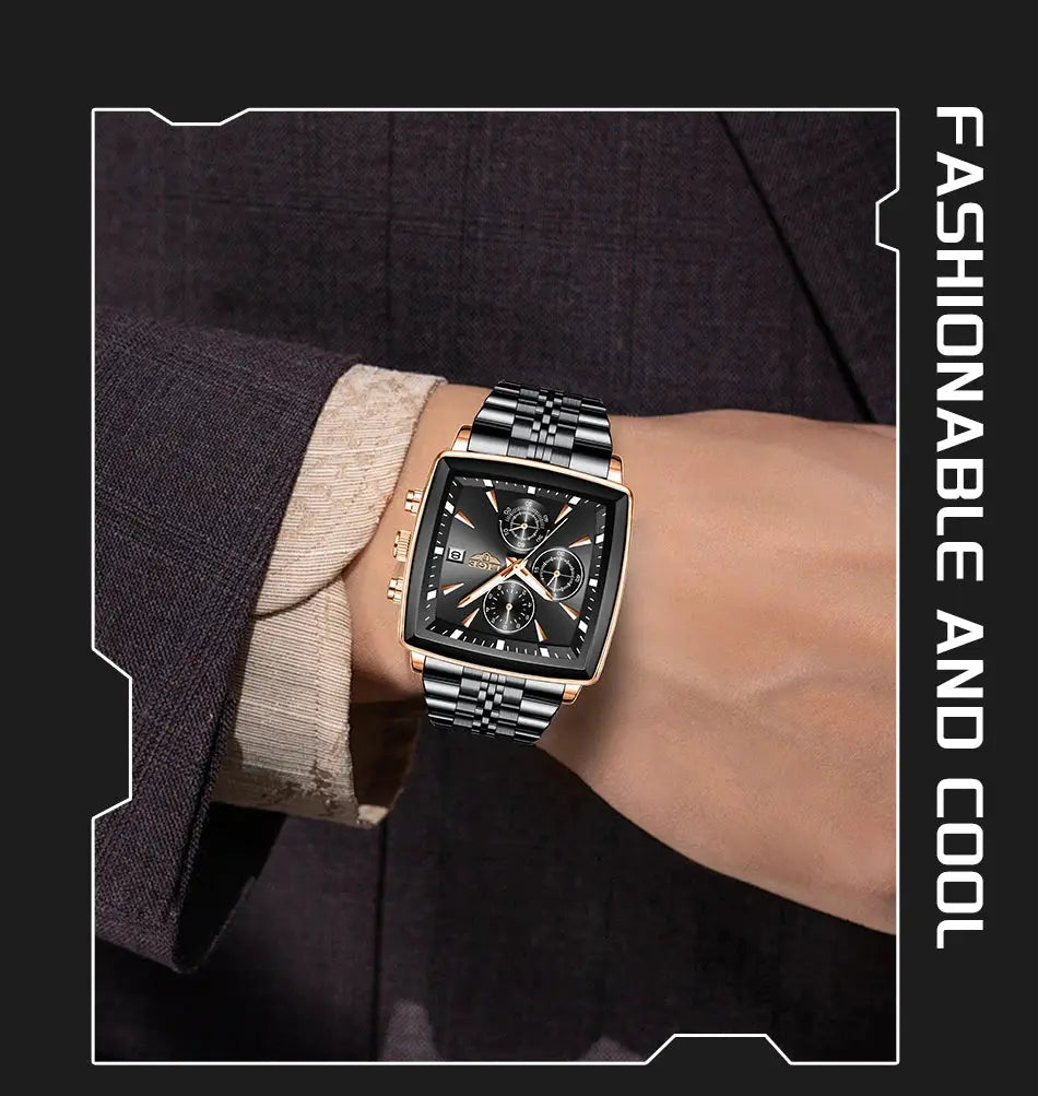 LIGE men's square-dial luxury watch, rose-gold bezel, stainless steel link bracelet, chronograph subdials, with box