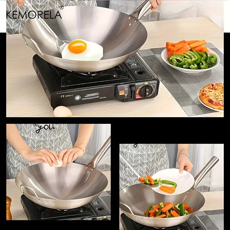 Stainless Steel Wok Uncoated With Double Handles 26 To 34 Cm High Quality Chef Pan For Home Stir Fry Cooking