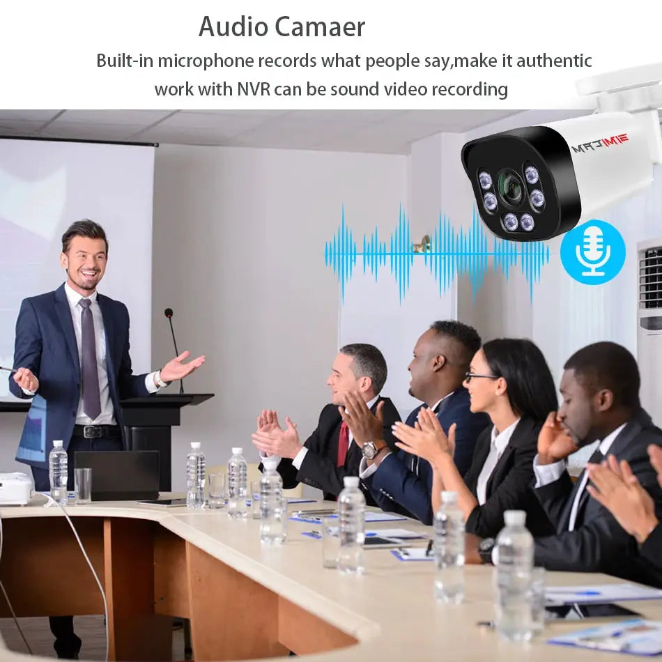 Bullet security camera with infrared night vision and built-in audio shown in a conference room setting