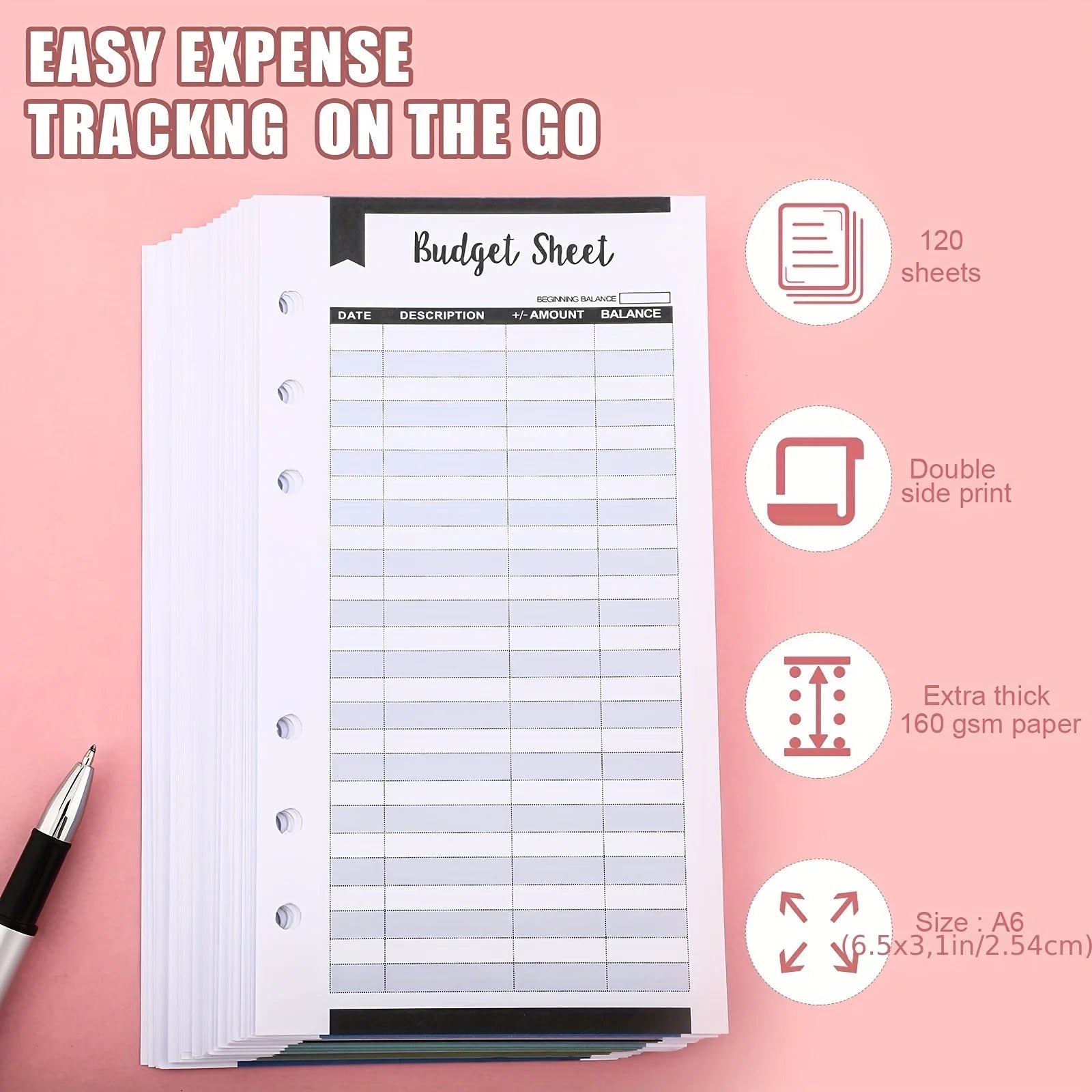 Simples Market 60-pc A6 glossy budget sheets for a 6-ring binder; expense tracker for planners