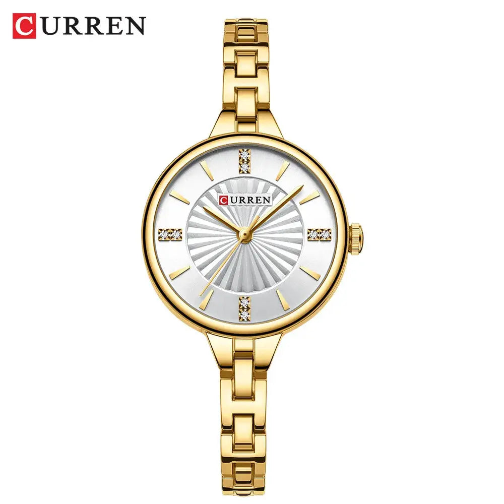 CURREN 9097 women's quartz watch, gold stainless steel bracelet, silver dial with crystal markers
