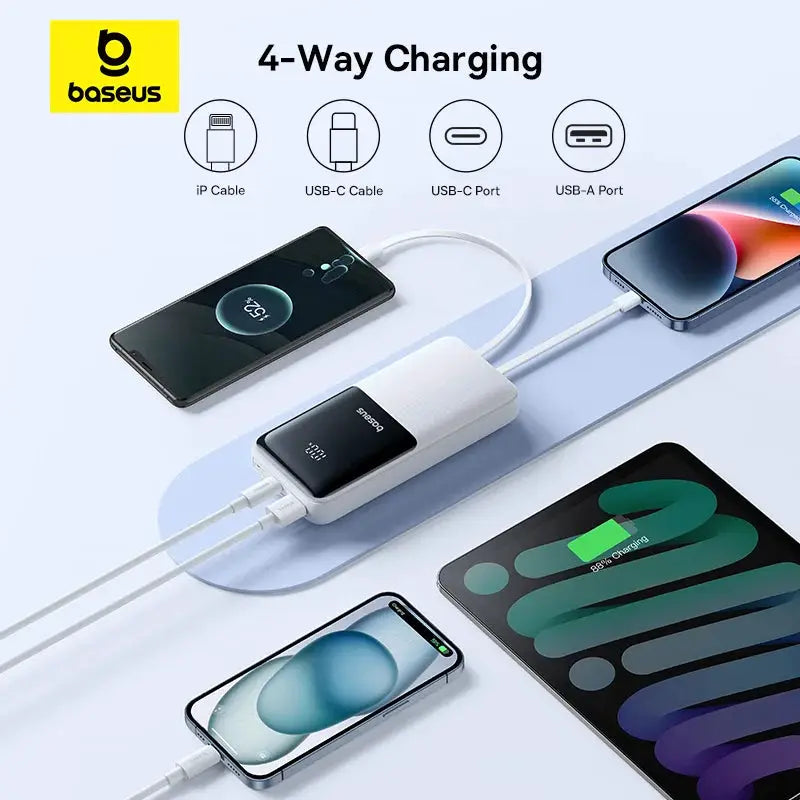 Baseus 20000mAh PD power bank white with 22.5W fast charging, charging 4 devices via USB-C/USB-A cables
