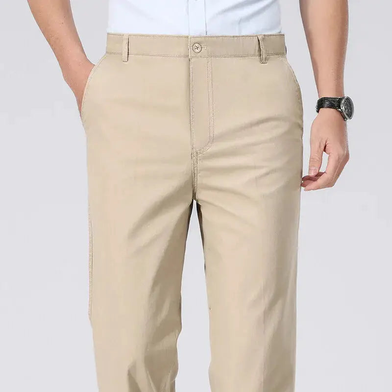 Men's beige chino pants by Simples Market, lightweight casual dress trousers with pockets