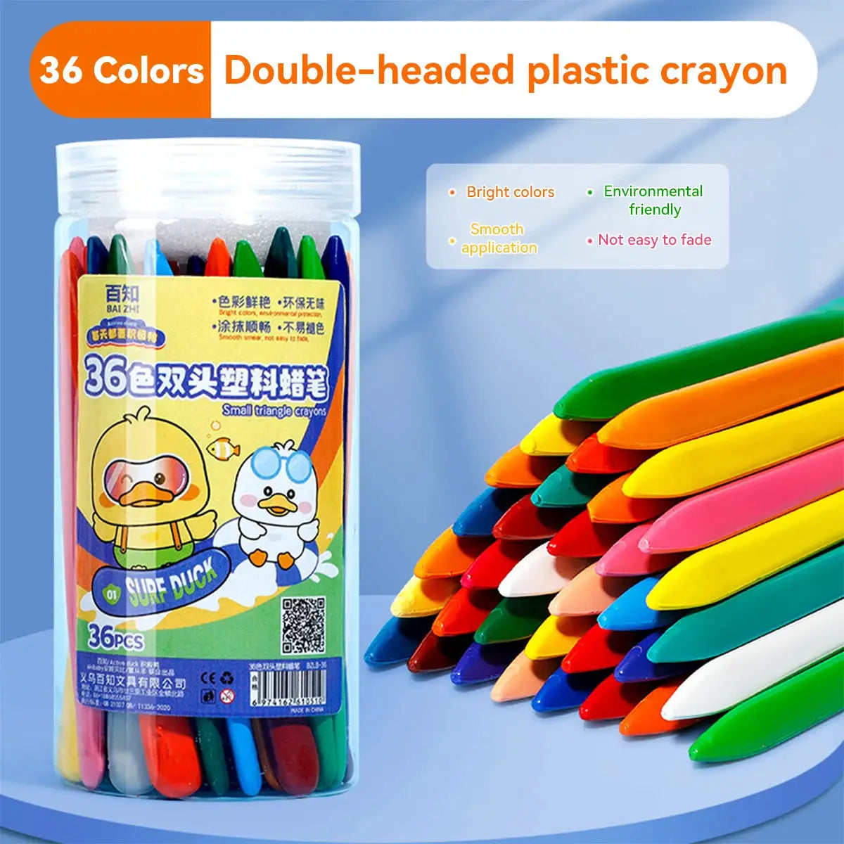 36-color double-headed triangle crayons for kids by Simples Market in a clear tub with cartoon duck packaging