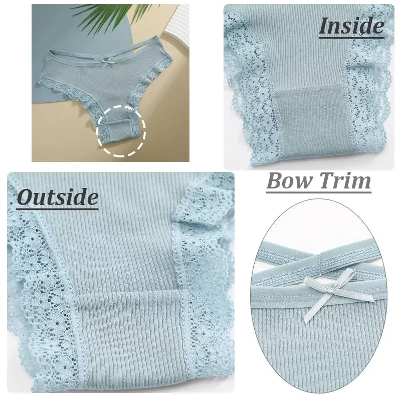 Light blue women's cotton briefs with lace trim, ribbed fabric and bow accent