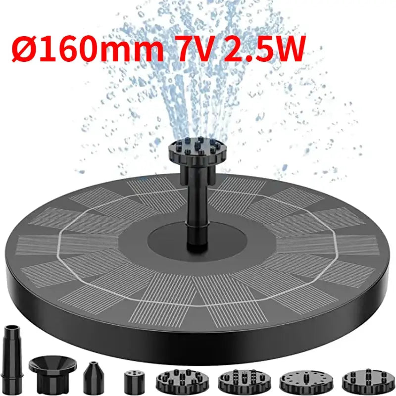 Outdoor solar fountain pump kit with 6 nozzles; round black solar panel base for garden pond