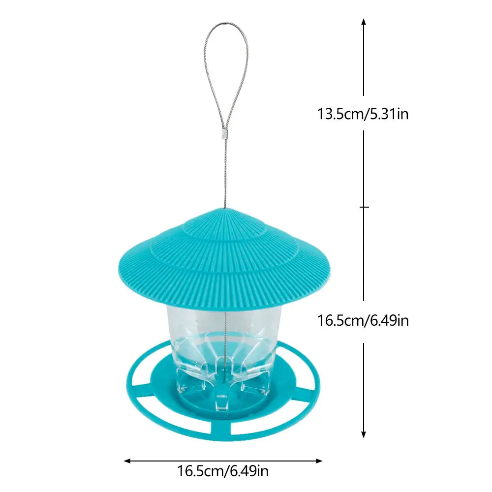 Bird feeder hanging turquoise blue plastic with transparent seed container and circular base; Simples Market