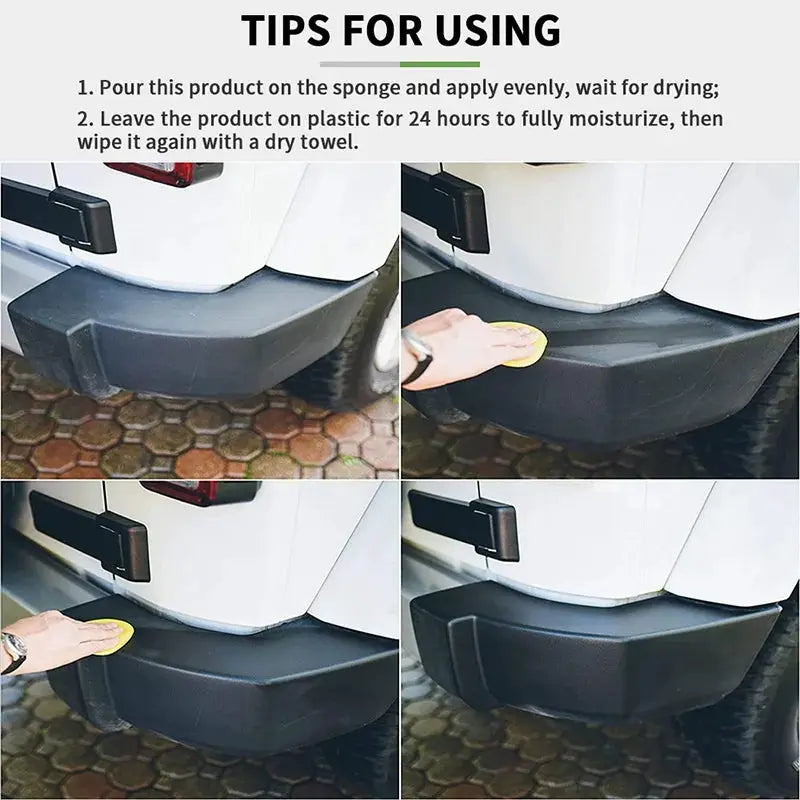 Plastic Restorer Back To Black gloss product by Simples Market for plastic bumper trims; restores dark shine