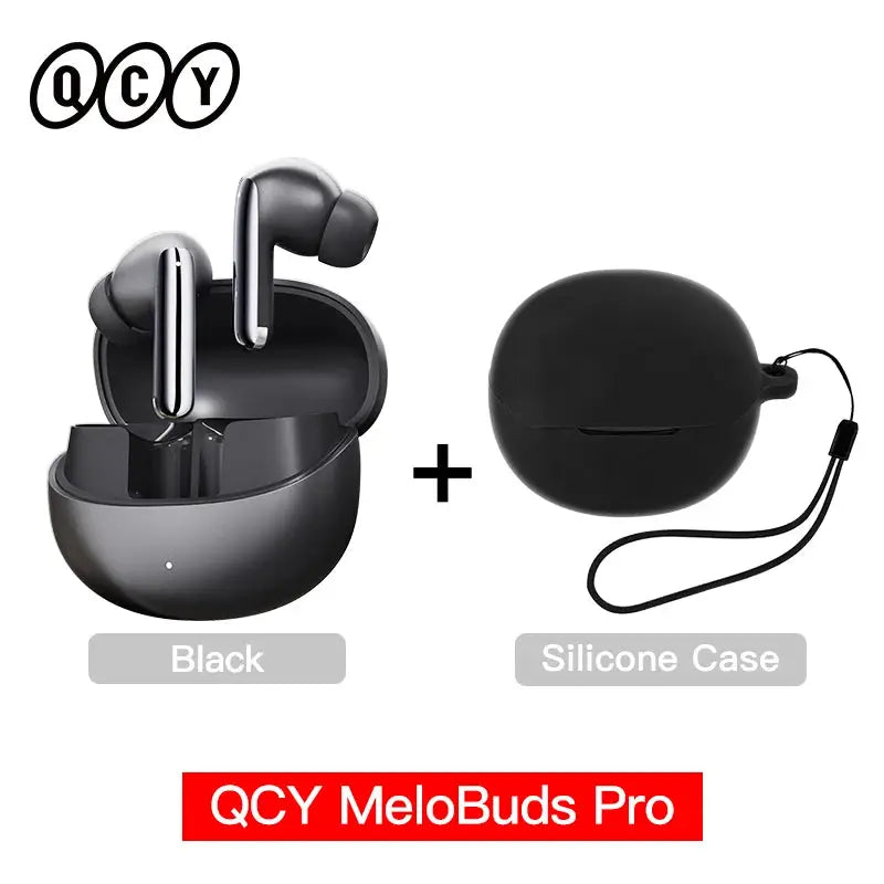 QCY MeloBuds Pro wireless earbuds with black charging case and silicone case included, 2 items