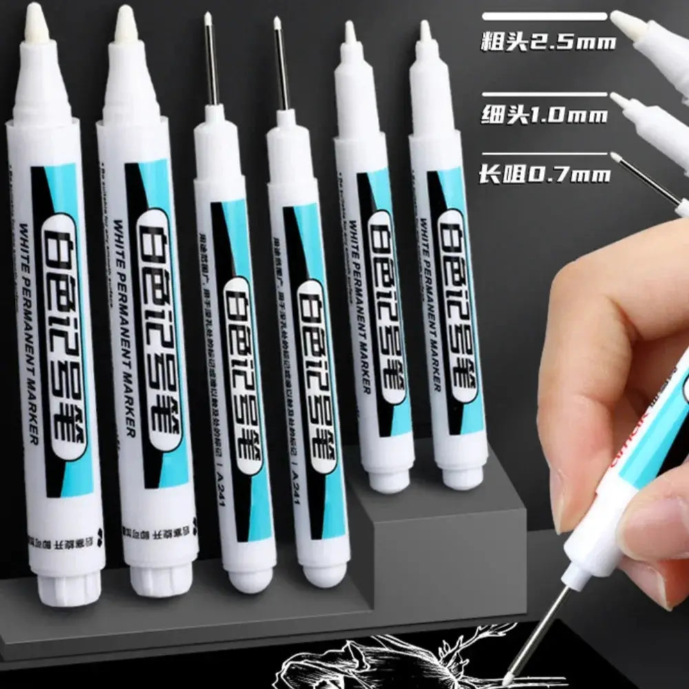 White permanent marker pens set by Simples Market with 0.7/1.0/2.5mm tips; waterproof oil-based paint for wood, plastic, glass, metal