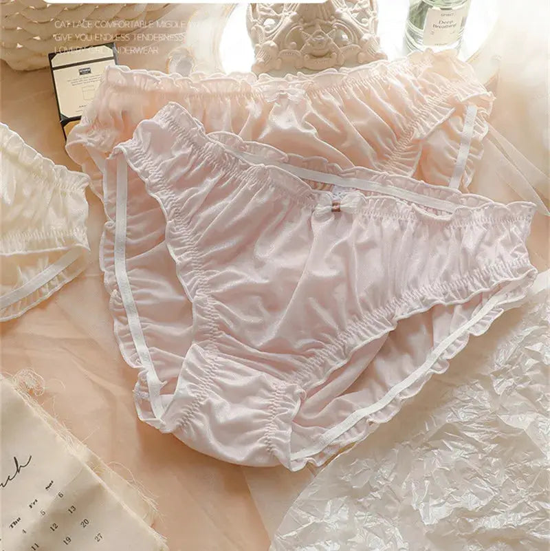Women's large-size pale pink ice silk panties with ruffle trim, Simples Market