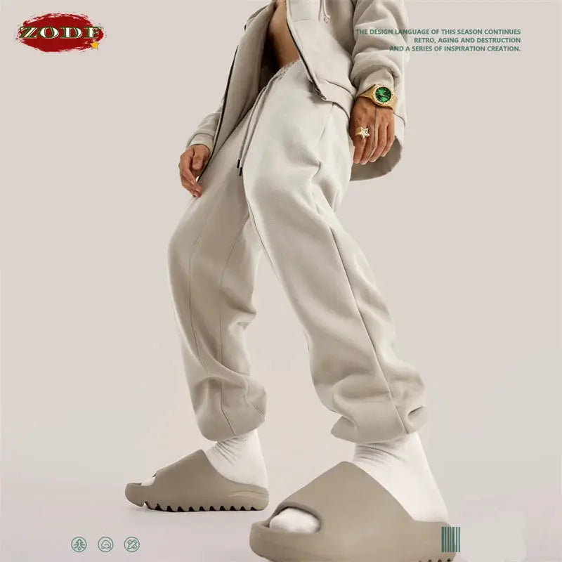 ZODF fleece sweatpants, beige 345gsm, unisex loose retro hip-hop joggers