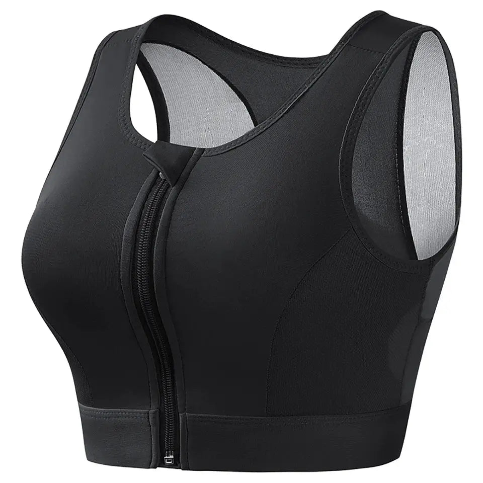 Plus-size black front-closure longline padded sports bra by Simples Market for running and gym
