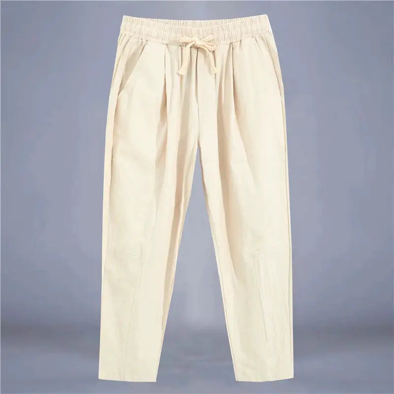 Mens Cotton Linen Solid Color Casual Pants Breathable Loose Fit Trousers With Drawstring Waist Streetwear