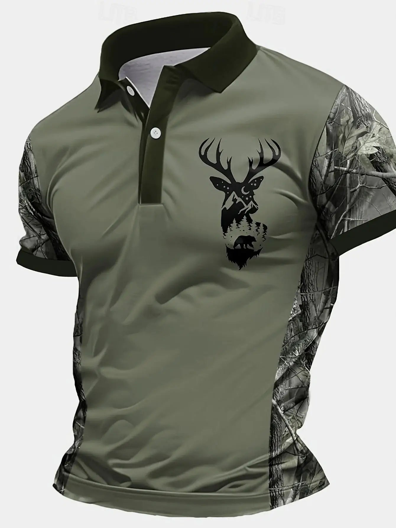 Simples Market men's short-sleeve polo shirt in olive green with camo sleeves and a black deer logo on chest.