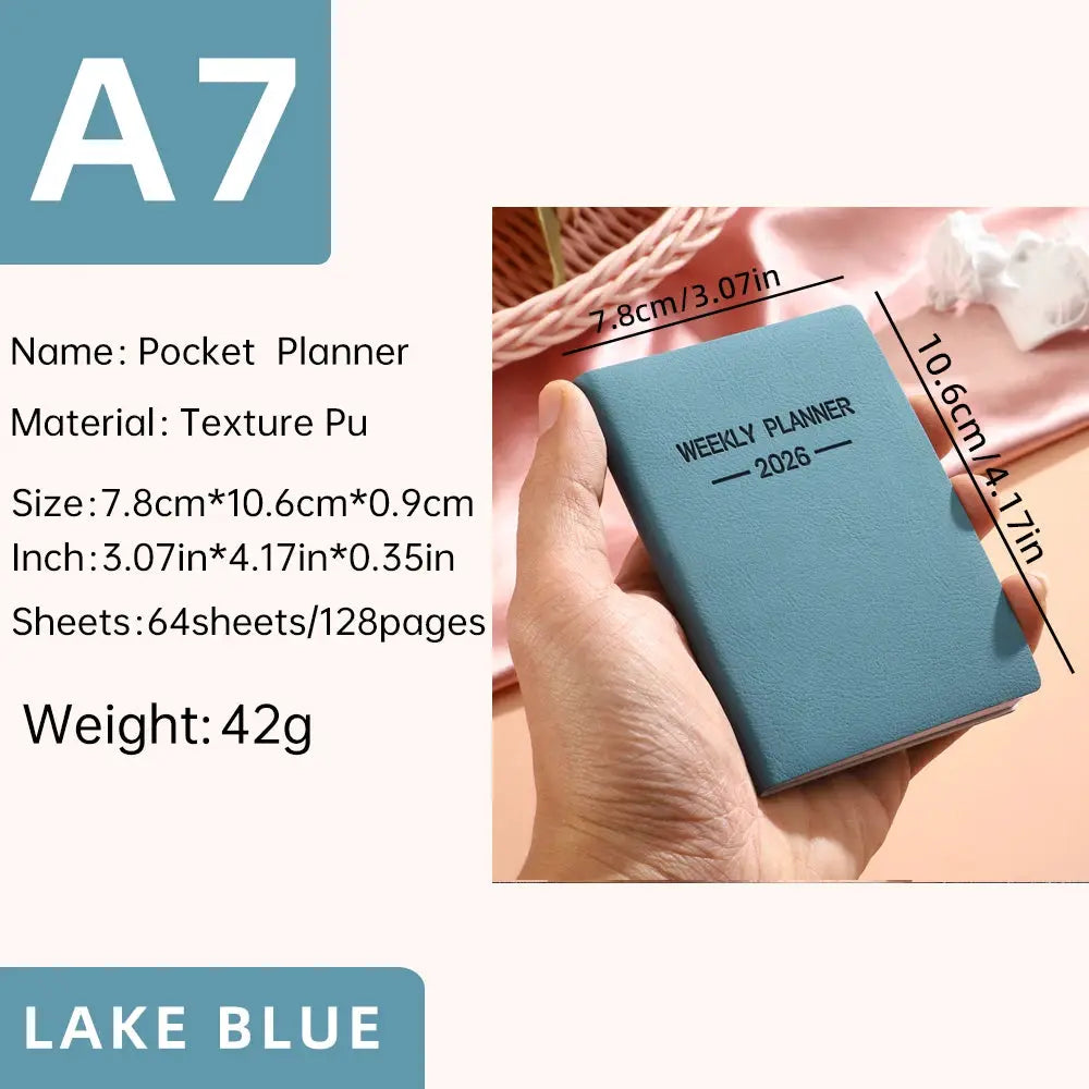 Simples Market A7 lake-blue Morandi PU pocket planner, 64 sheets (128 pages), weekly 2026 calendar