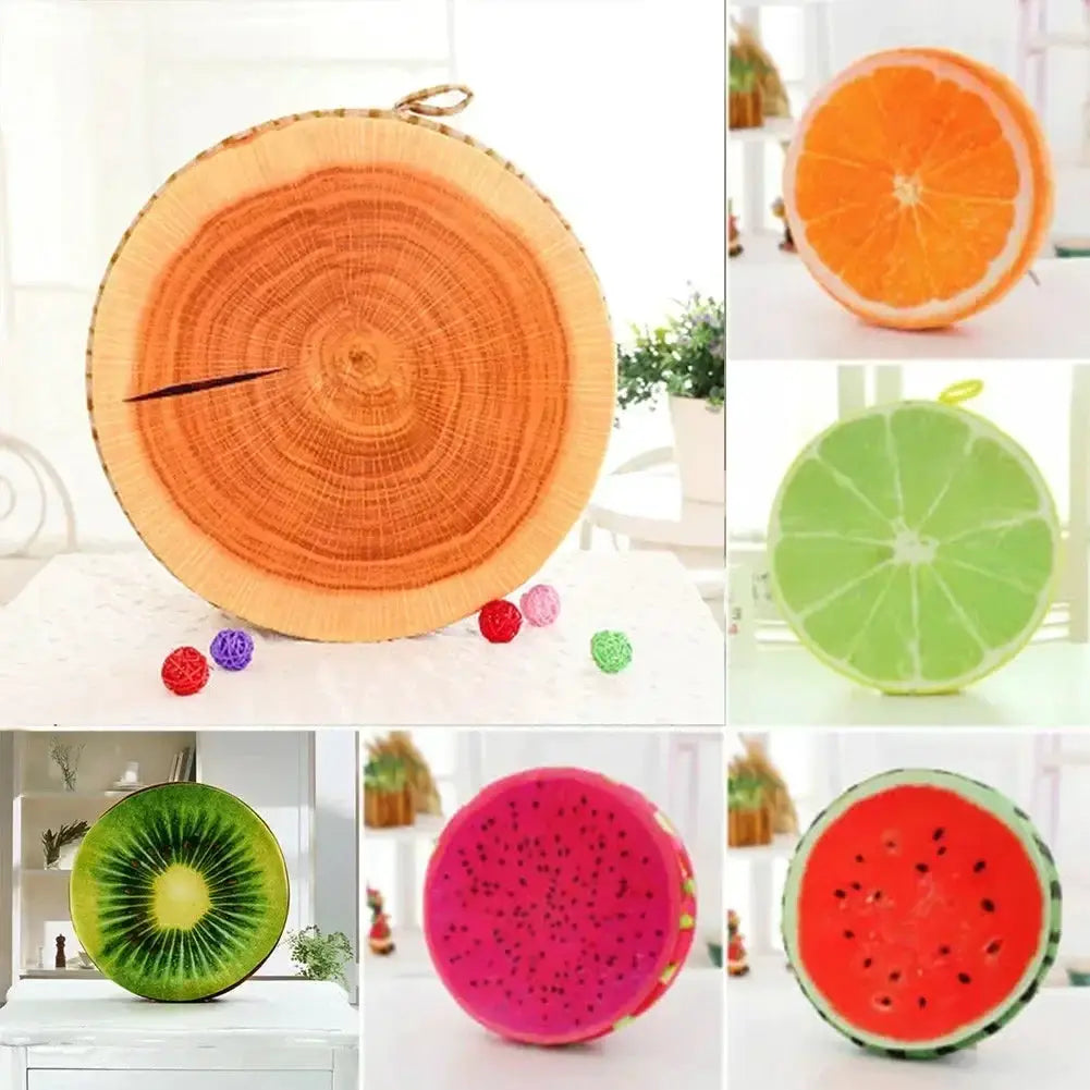 Fruit-shaped cushion collage featuring watermelon, orange, lime, kiwi and dragon fruit cushions for living room decor