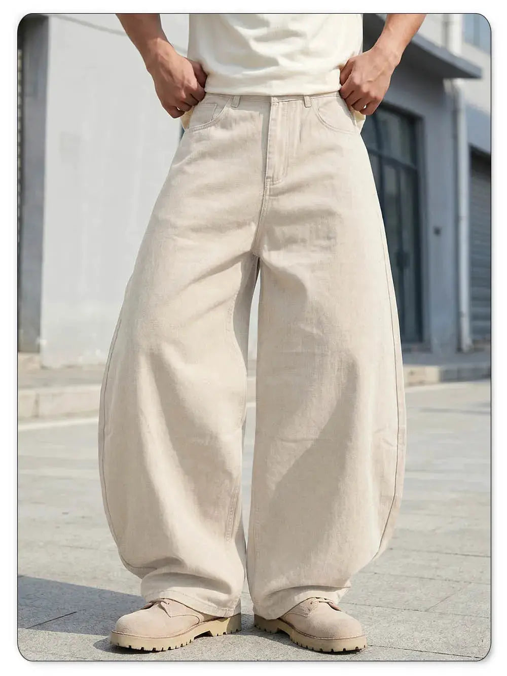 LIYS men's beige loose wide-leg high-waisted denim jeans by Simples Market