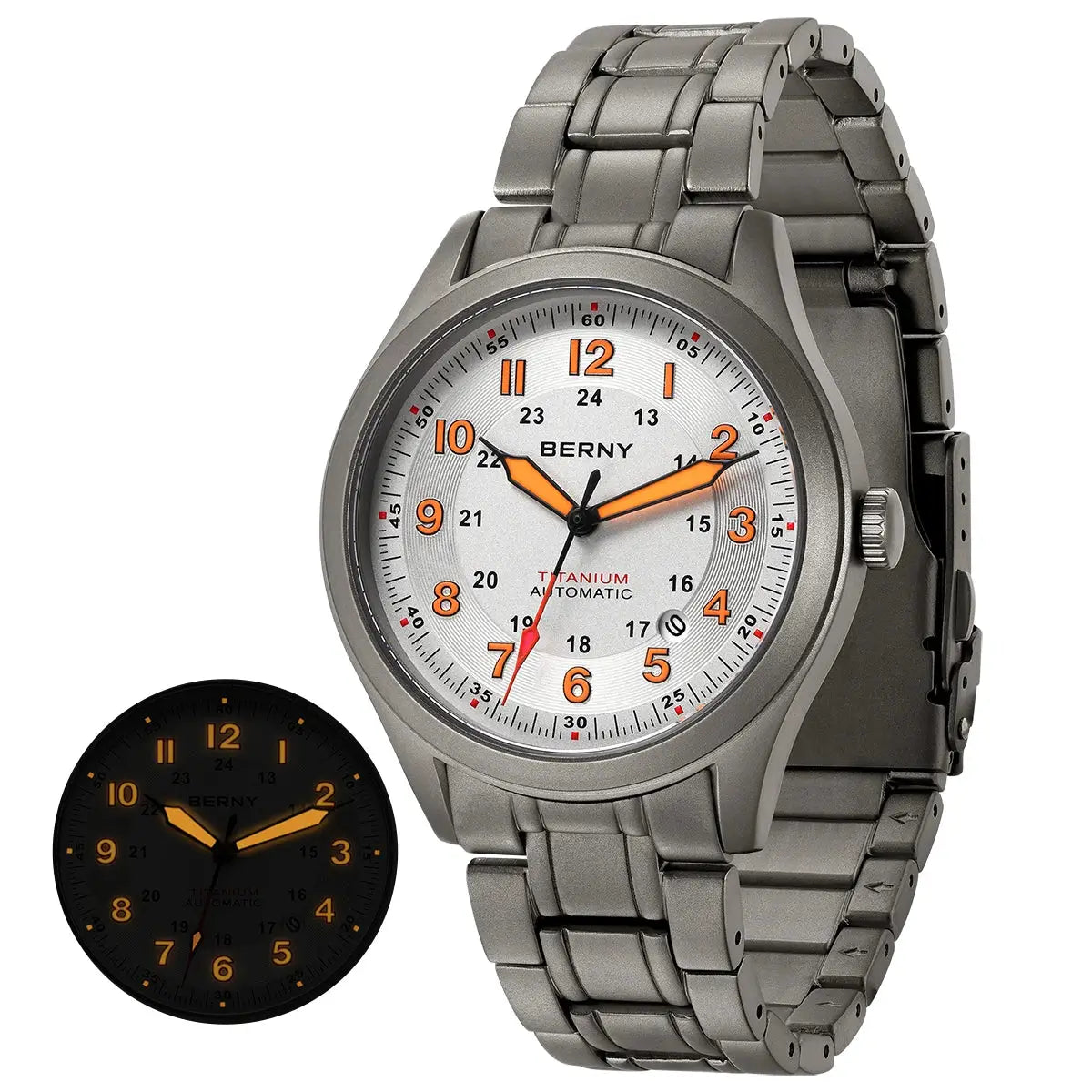 BERNY titanium automatic men's watch; white dial with orange numerals on metal bracelet (2 watches shown)