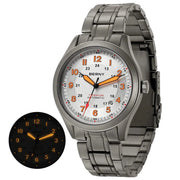 BERNY titanium automatic men's watch; white dial with orange numerals on metal bracelet (2 watches shown)