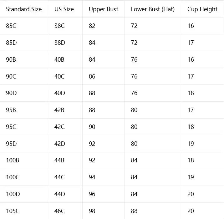 Simples Market Daily Wide Strap Plus Size bra size chart with standard/US sizes and upper/lower bust measurements