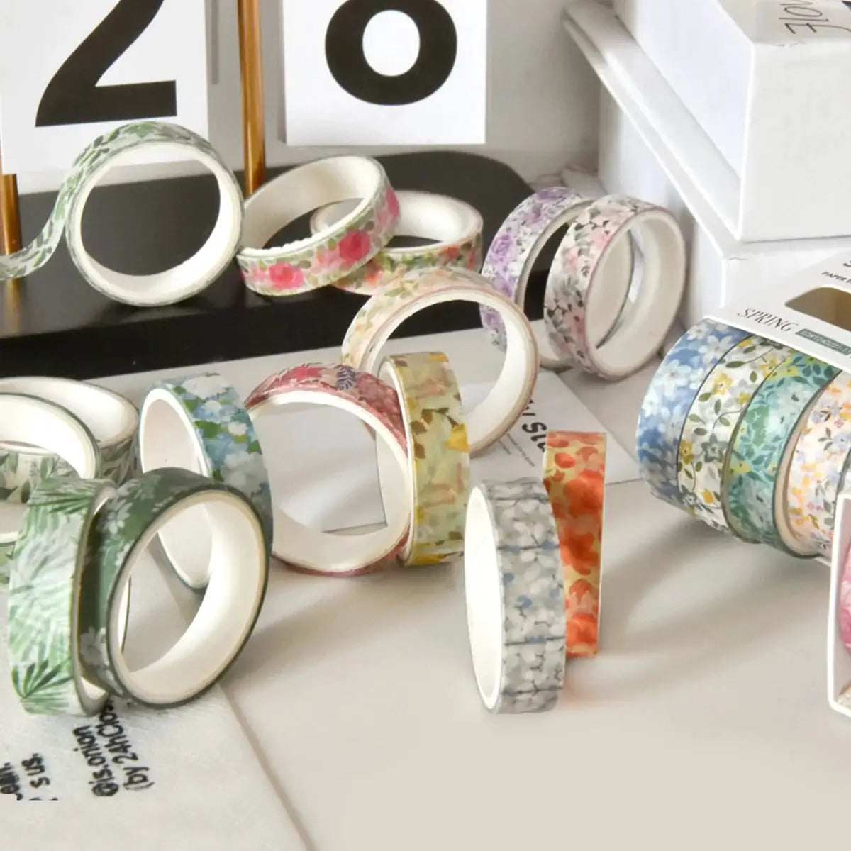 Washi tape set: 5 boxed floral rolls by Simples Market with assorted romantic flower patterns