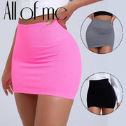 Simples Market women's neon pink ribbed high-waist knitted mini skirt; gray and black variants shown.
