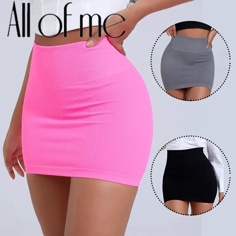 Simples Market women's neon pink ribbed high-waist knitted mini skirt; gray and black variants shown.