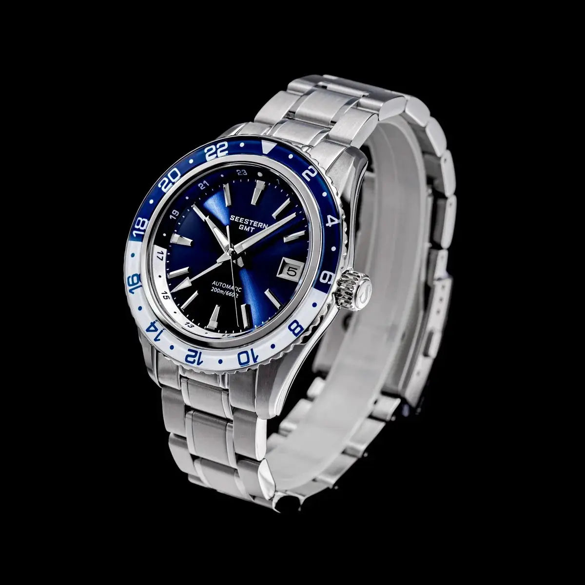 Seestern GMT diver watch with blue dial, blue bezel, stainless steel bracelet, sapphire glass 20-bar water resistant