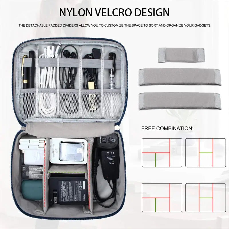 Travel cable storage bag by Simples Market; portable waterproof nylon organizer for USB cables, chargers, and adapters.