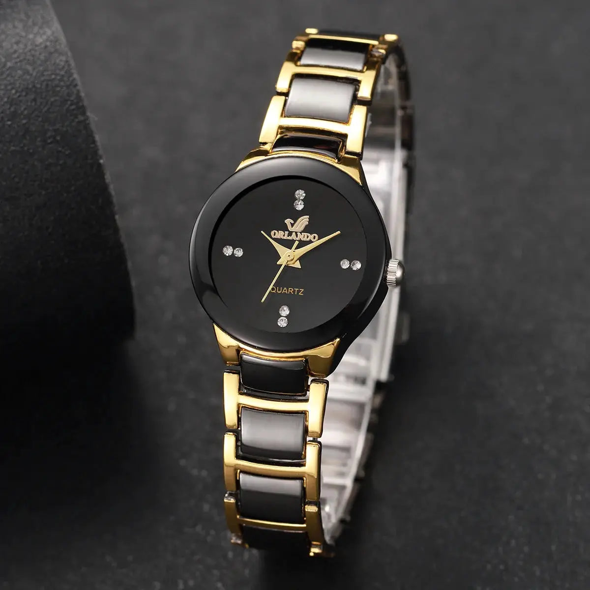 Orlando two-tone gold and black stainless steel band fashion rhinestone women's watch, black dial, analog quartz