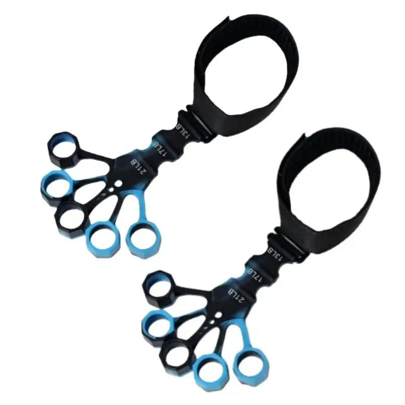 5-Finger trainer silicone finger exerciser with wrist strap, black and blue pair