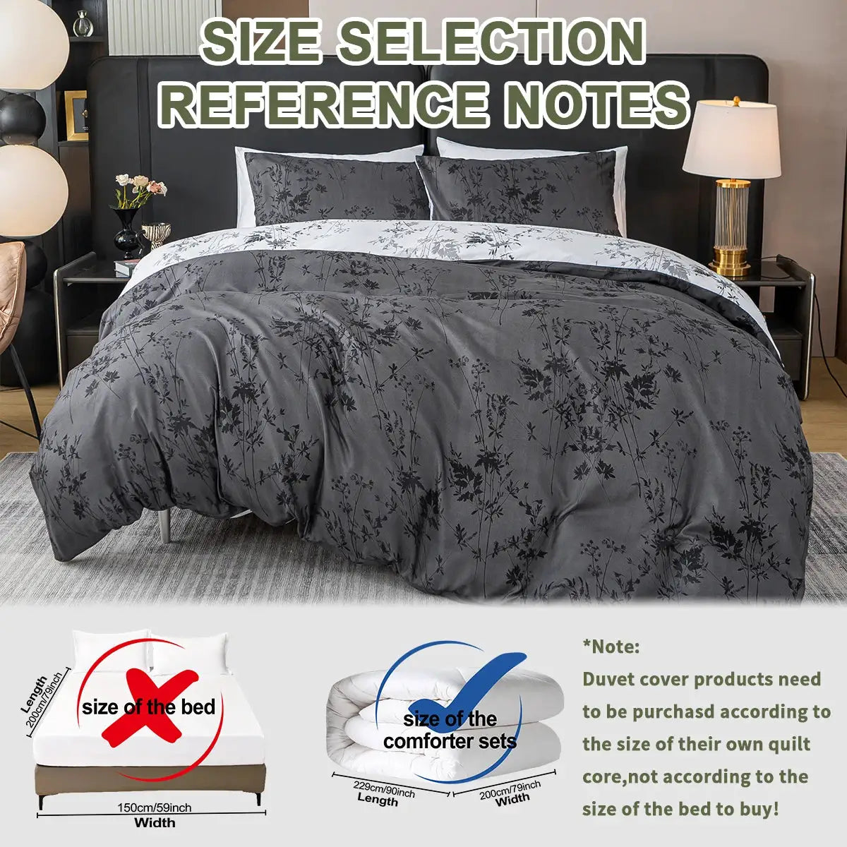 3pc duvet cover set by Simples Market in grey with black floral print; includes duvet cover and 2 pillowcases