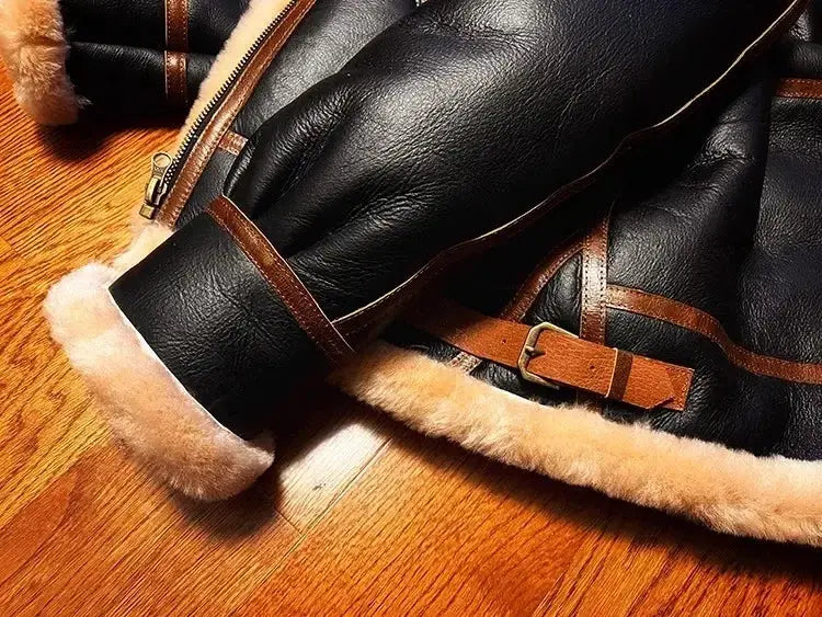 Air Force B3 fur jacket in black leather with beige shearling trim and belt straps