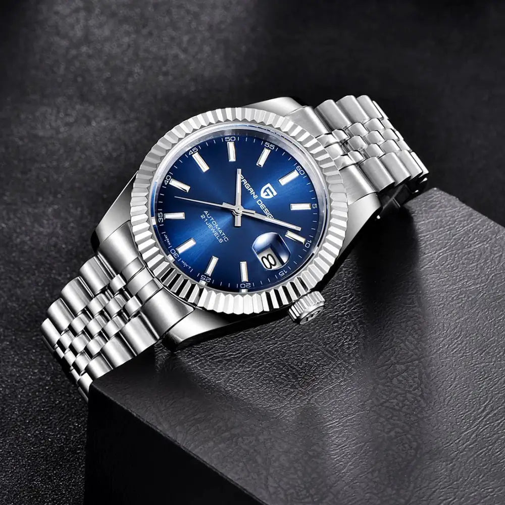 Pagani Design men's automatic watch with blue dial and jubilee bracelet