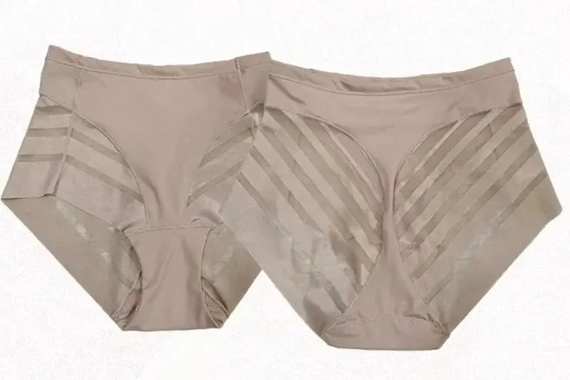 2 beige high-waist seamless briefs with mesh panel details, Simples Market ice silk shapewear