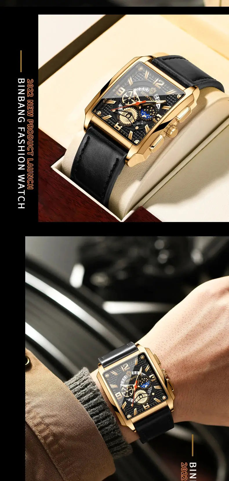 BINBOND men's gold-tone rectangular watch with black leather strap and multi-dial skeleton dial