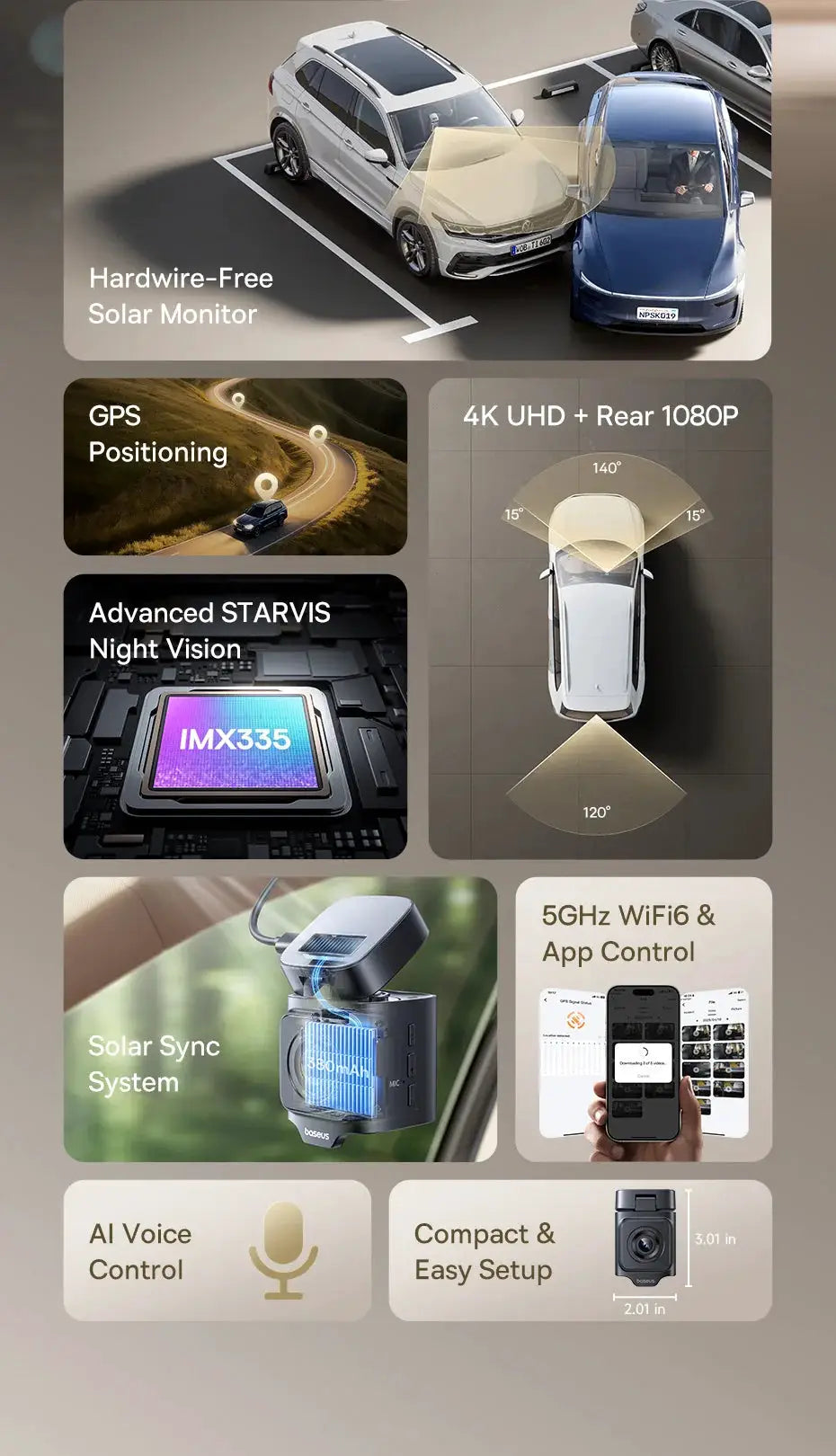Baseus VD1 Pro dash cam, 4K UHD + rear 1080P, STARVIS night vision, GPS, 5GHz WiFi6, solar sync