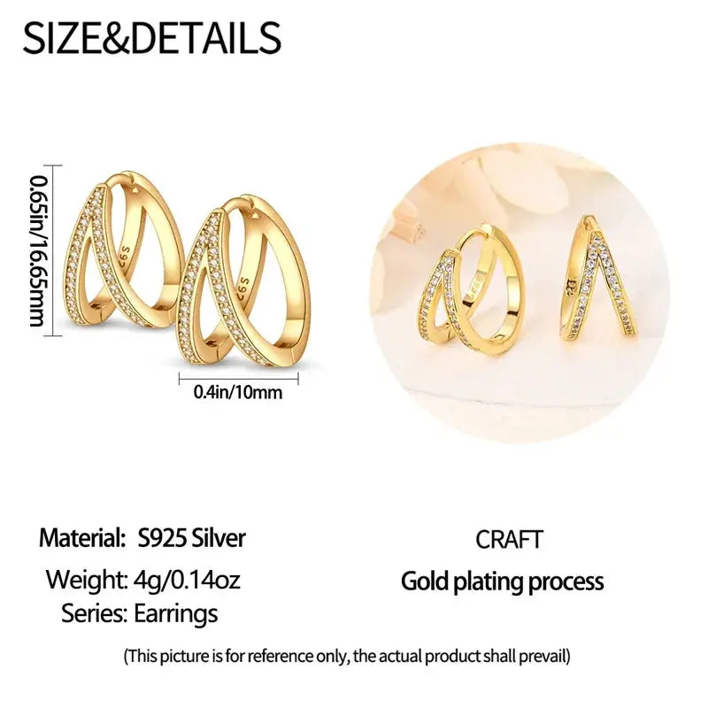Gold-plated S925 silver hoop earrings with pavé crystal accents; pair