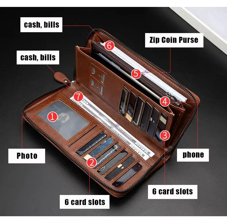 Men's brown PU leather long zip wallet by Simples Market with 6 card slots, photo ID window, RFID blocking.
