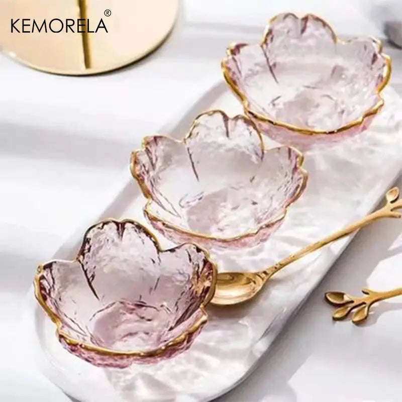 Japanese Style Small Glass Plate With Golden Border Sakura Bowl For Mini Desserts And Ice Cream 1 To 3 Piece Set