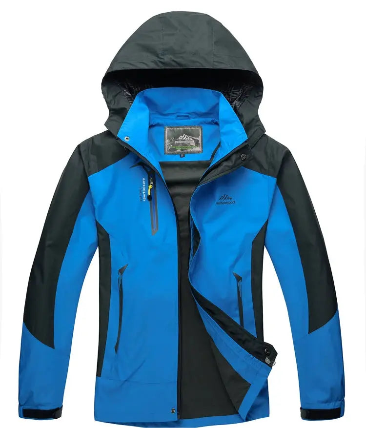 TRVLWEGO men's blue and black waterproof hiking jacket with hood