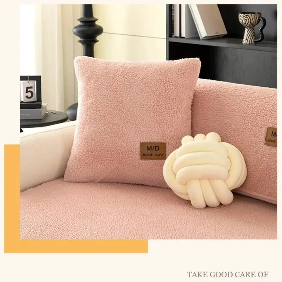 Solid pink sherpa sofa cushion covers, anti-slip with PU label decor, set of 2 on a beige couch.