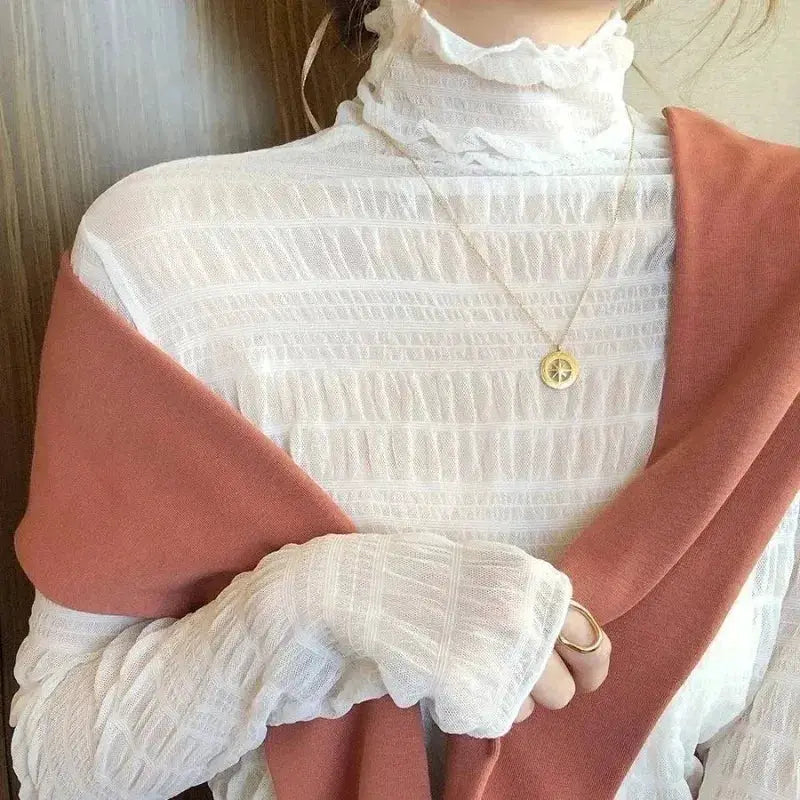 LaceLuxe Women Floral Lace Shirt Mock Neck With Mesh Bottoming Layer For Spring And Autumn Flattering Sheer Look