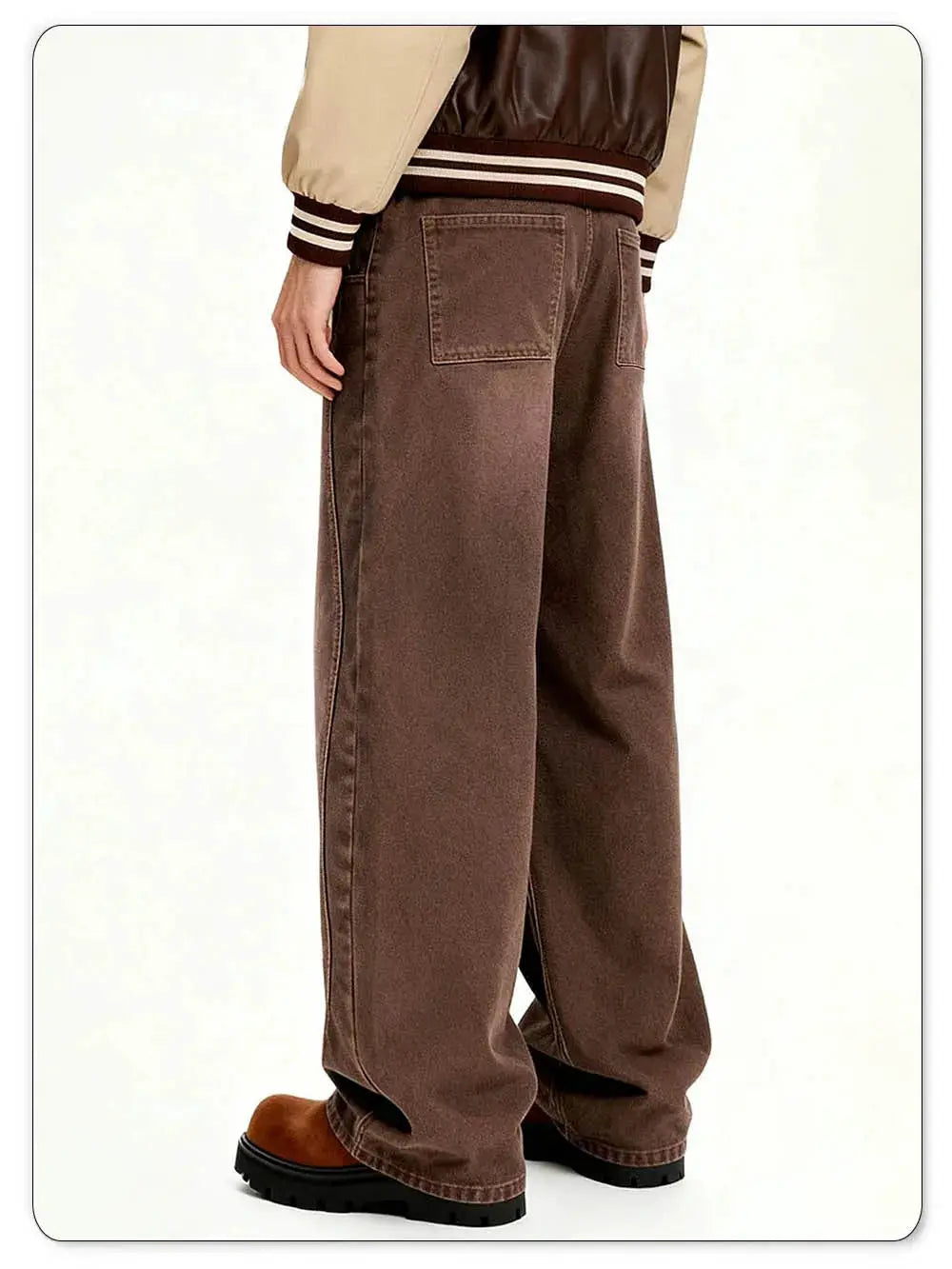 American Retro men's brown casual baggy wide-leg denim jeans with back pocket