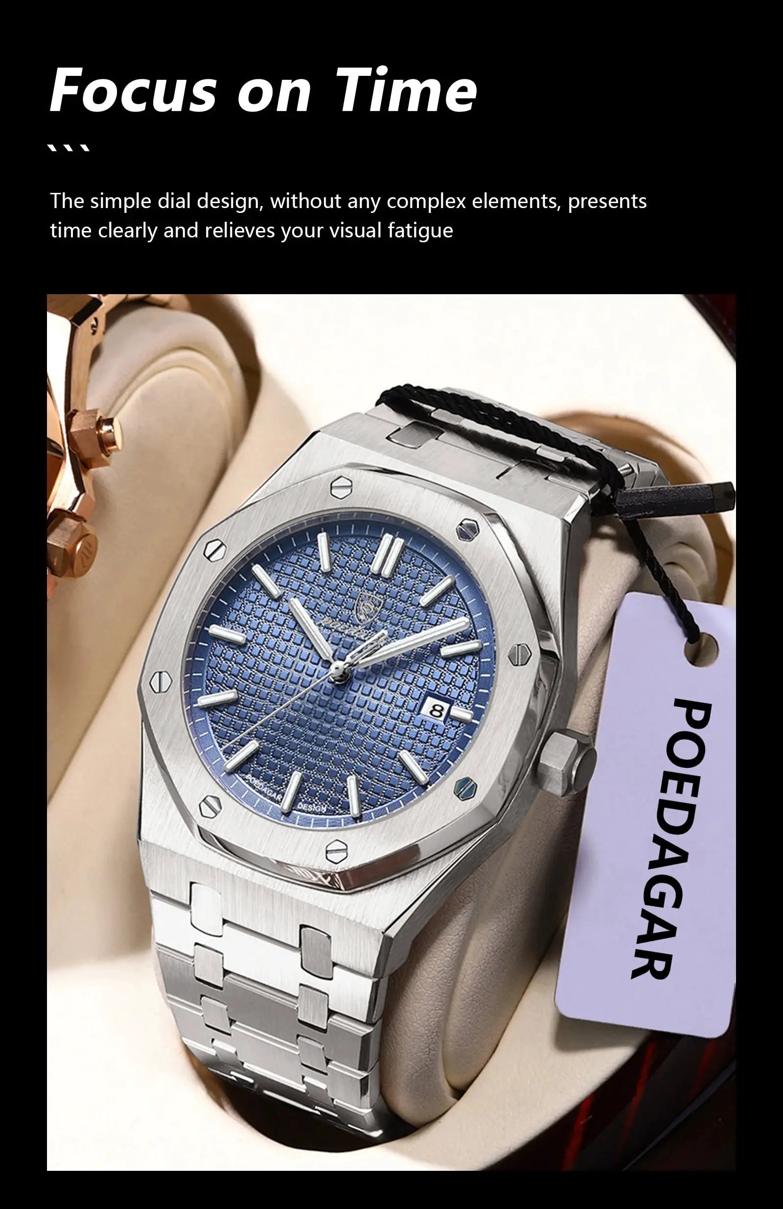 POEDAGAR luxury men's stainless steel wristwatch with blue textured dial, date window, and brushed bezel.
