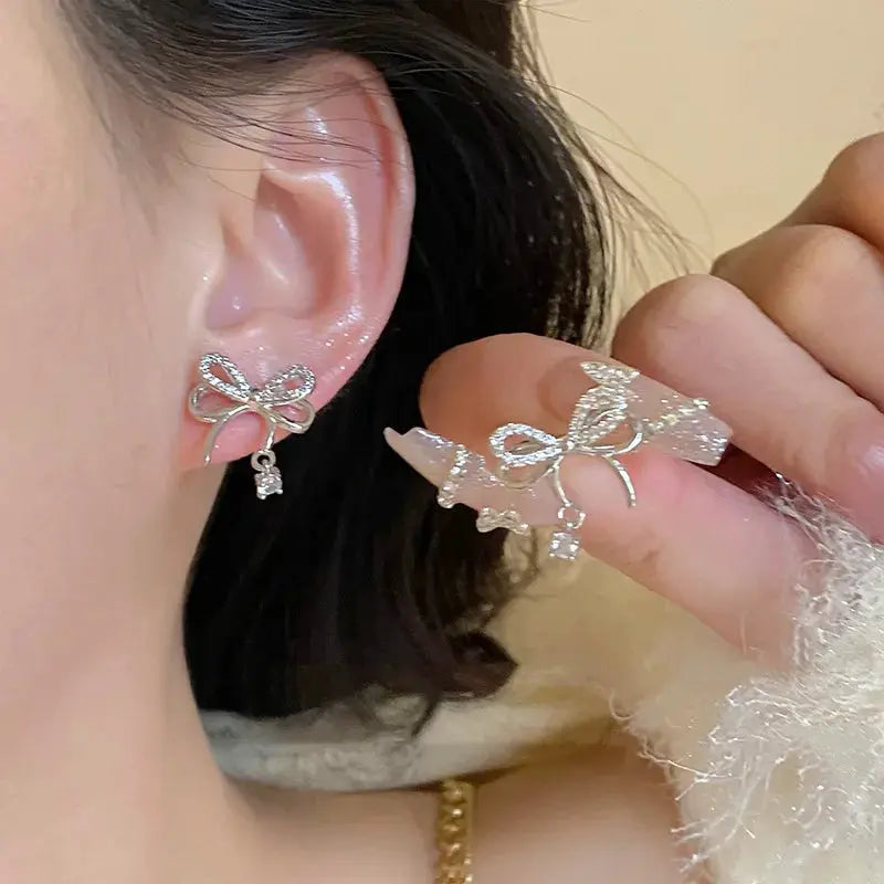 Y2K Bowknot Zircon Stud Earrings For Women Pink Crystal Silver Tone Korean Fashion Party Jewelry Gifts