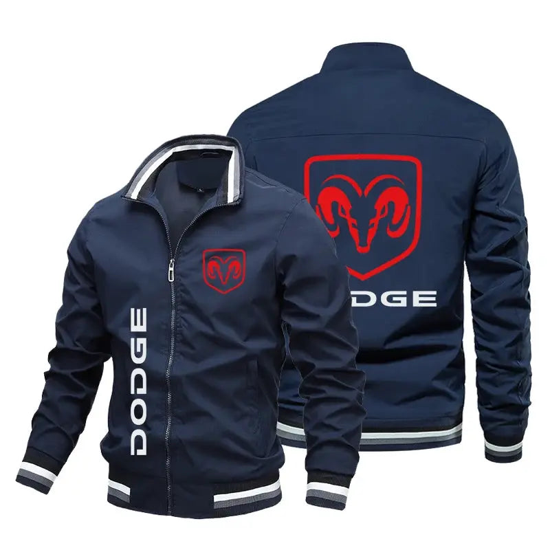 Two navy bomber jackets with red Dodge ram shield logo, front zipper, and white striped cuffs and hem.