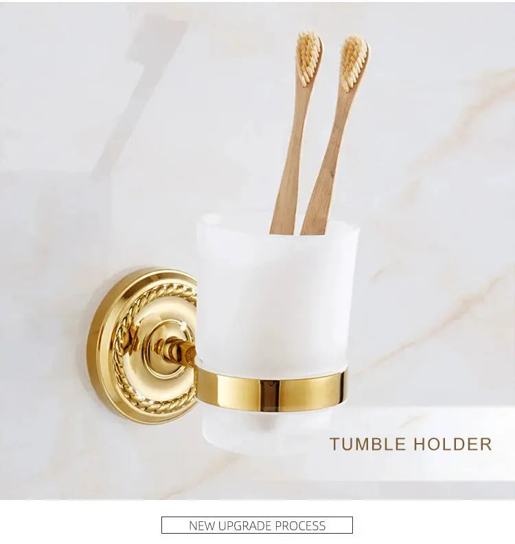 Simples Market wall-mounted tumbler holder in luxury gold brass with frosted glass
